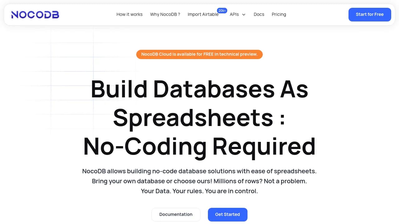 Screenshot of nocodb website