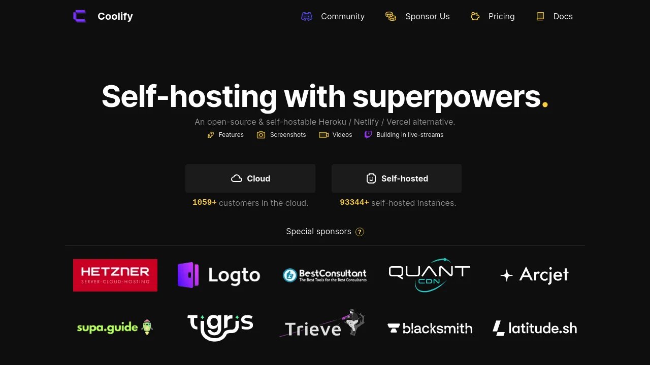 Screenshot of coolify website
