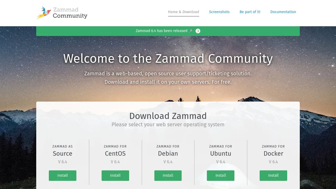 Screenshot of zammad website