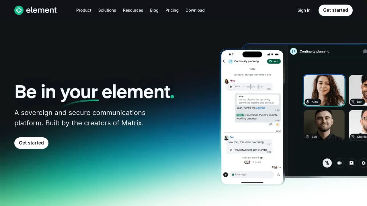 Screenshot of element-web website