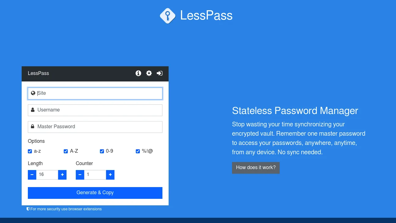 Screenshot of lesspass website