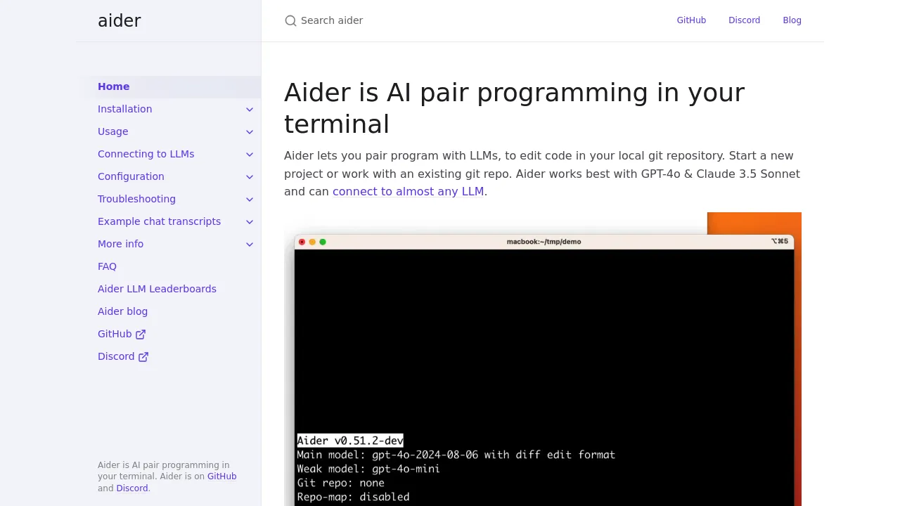 Screenshot of aider website